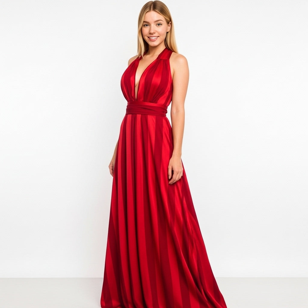 Vestido Rubí Halter Satín Maxi