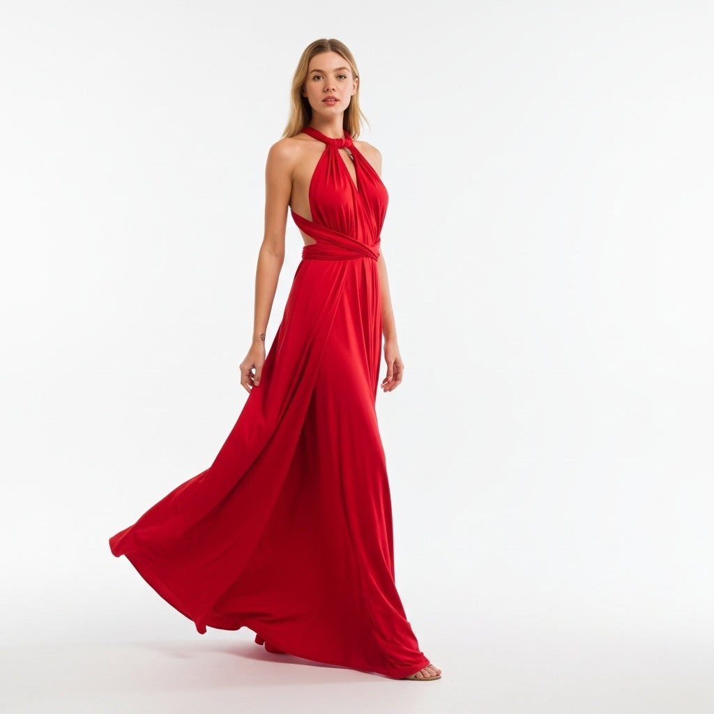 Vestido Halo Carmesí Halter Maxi